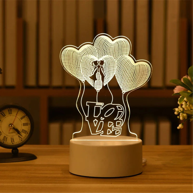 1pc USB Operated Night Light Creative 3D Acrylic Bedroom Bedside LED Table Lamp Ornaments Christmas Holiday Birthday Event Gift