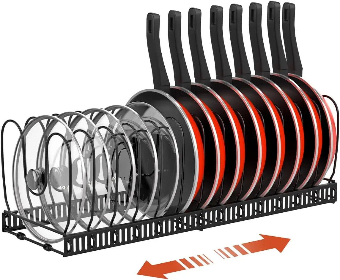 Pot and Pan Organiser Rack for Cabinet Expandable Pot Lid Organizer Holder with 10 Adjustable Dividers