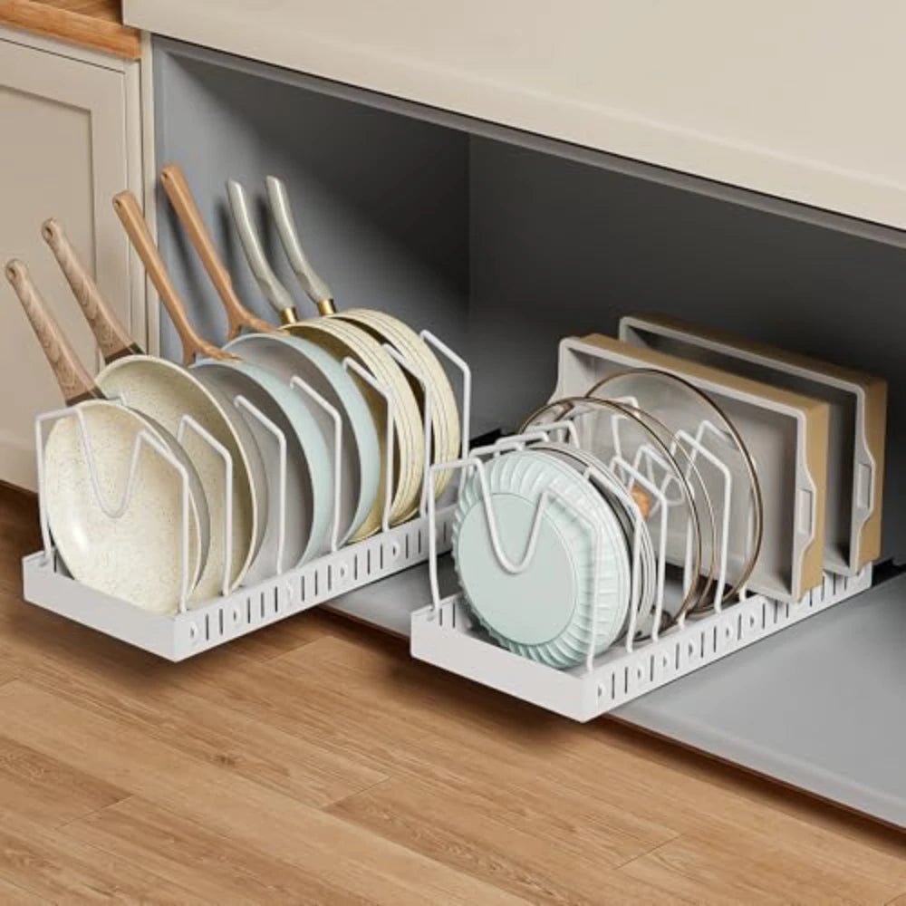 1Pc Adjustable Pull Out Pot Pan Rack Kitchen Cabinet Organiser, Expandable Kitchen Storage Holder for Pots Pans Lids Dishes