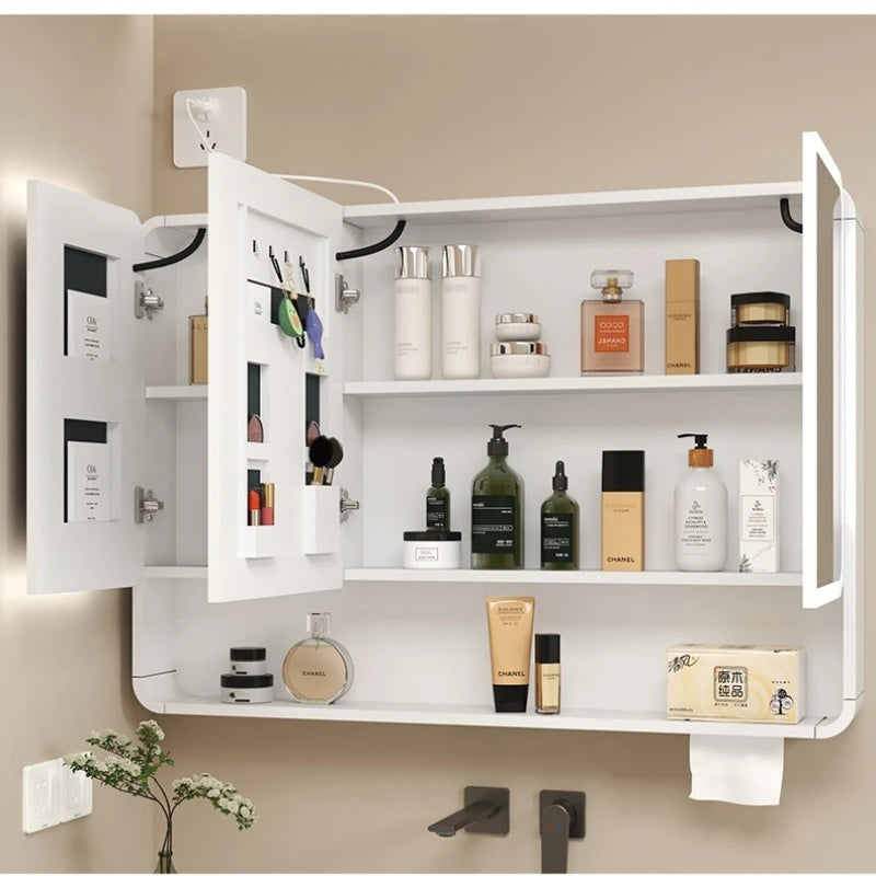 Bathroom Mirror Led Light Wall Mounted Carbon Fiber Curved Rounded Corner Smart Storage Mirror Cabinet Home Furniture Homehold