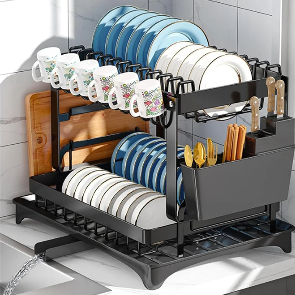 Sturdy 2-Tier Dish Drainer with Cutlery Holder & Drip Tray - Sleek Kitchen Sink Organiser