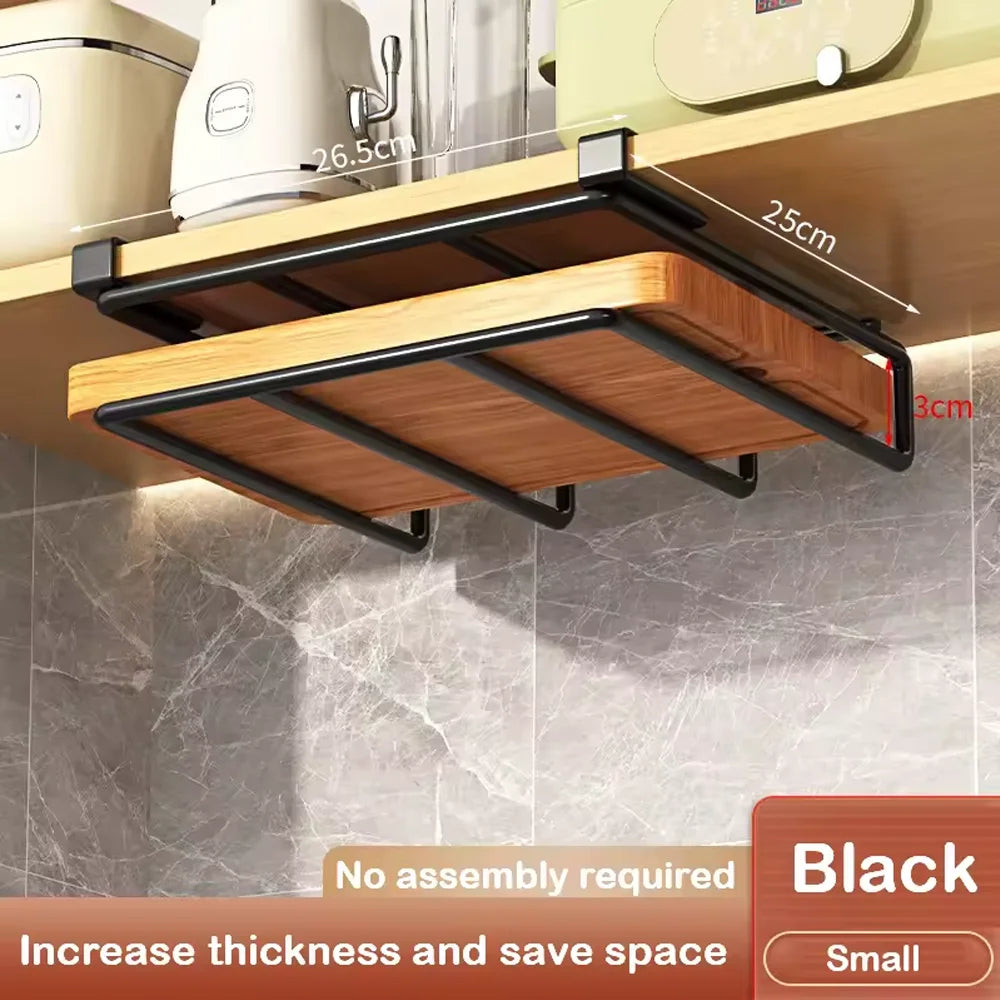 Kitchen Under Cabinet Hanging Organiser Rack with Hooks Multi-Purpose Holder for Paper Towel Cutting Board & Pot Lids