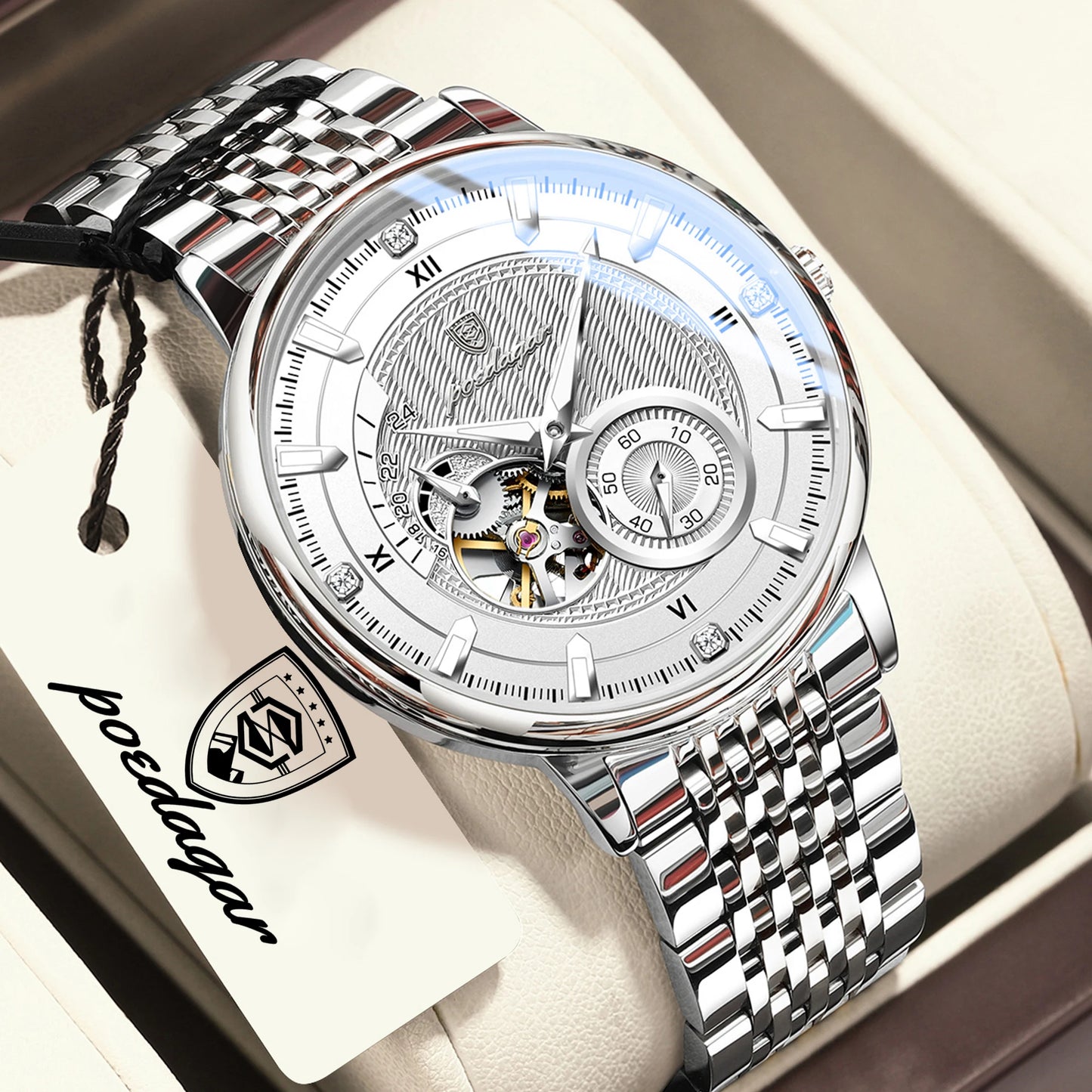 POEDAGAR Luxury Man Watch Stainless Steel Hollow Tourbillon Men Clock Luminous Mechanical Automatic Business Men's Watches Reloj