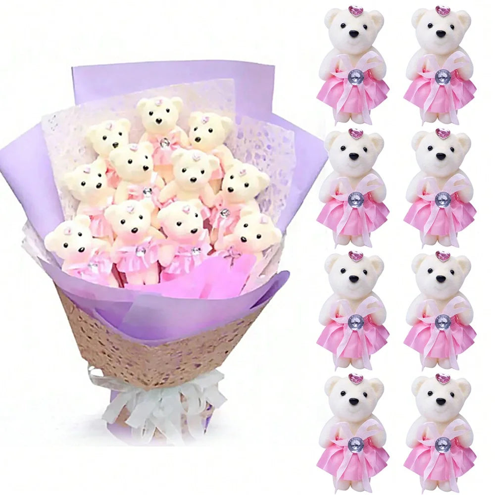 10pcs/Pack 12CM Couple Bear Flower Bouquet Dolls Mini Foam Teddy Bears Plush DIY Valentines Flower Gifts Packaging Accessor part