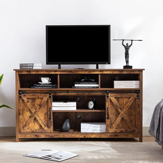 TV Stand Farmhouse Coffee Bar Cabinet Rustic Sliding Barn Door Storage Cabinet with Power Outlet & LED Light, 57" Wooden TV Cabi