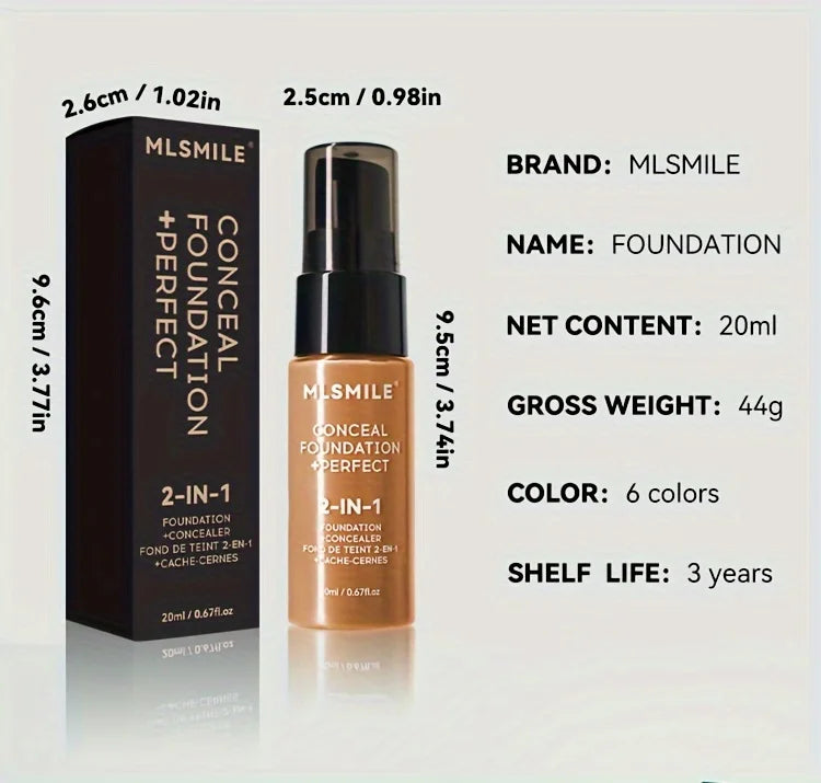 2-In-1 Oil Control Liquid Foundation & Concealer Full Coverage Long Lasting Waterproof Hydrating Brightening Base Makeup