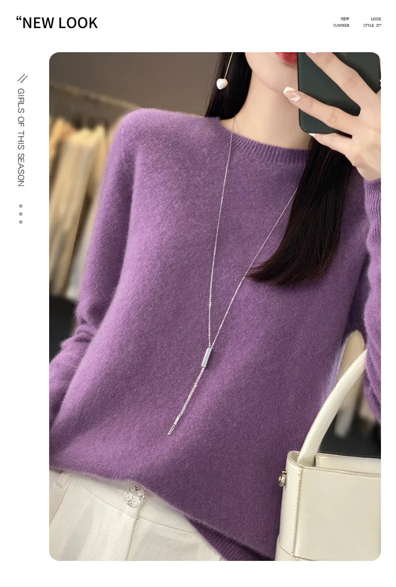 100% Merino Wool Women’s Sweater – Soft Cashmere-Feel O-Neck Pullover, Autumn/Winter Warm Knit Top (14 Colours)
