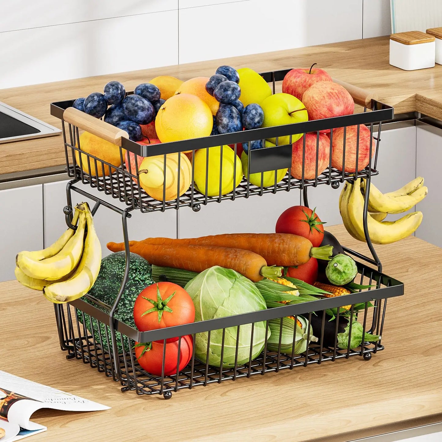33*29cm deteachable fruit vegetable kitchen storage organisation racks holders double-layer trays wood hand SS home display