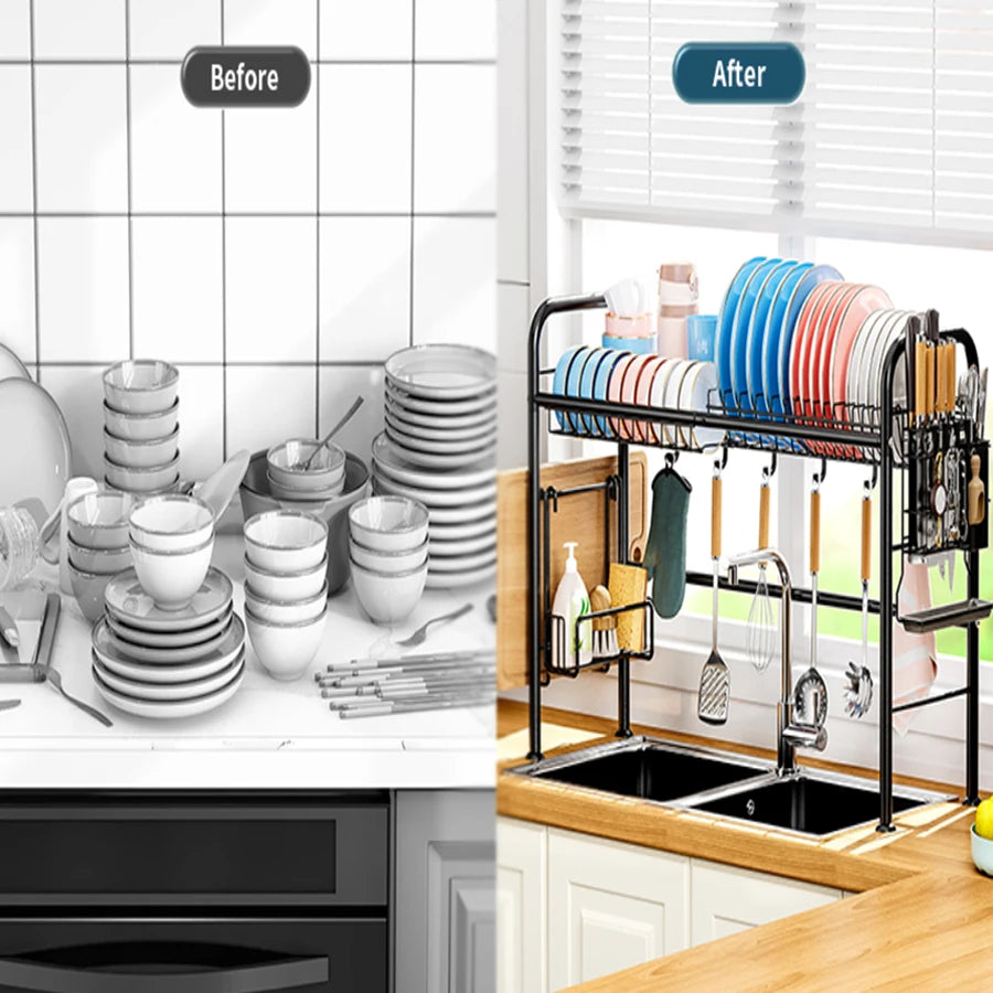 Over The Sink Dish Drying Rack, Metal Dish Drying Racks for Kitchen Counter with Hooks, Utensil Holder, 85cm, Kitchen Essentials