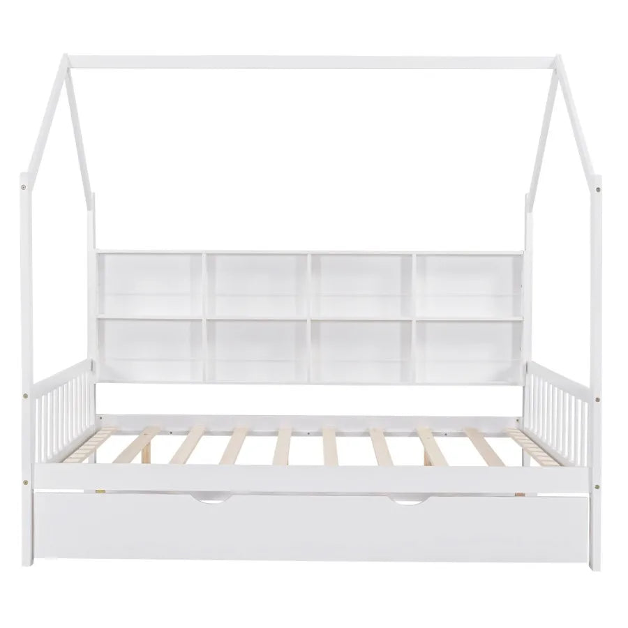 Wooden Full Size House Bed with Trundle Bed with Shelf