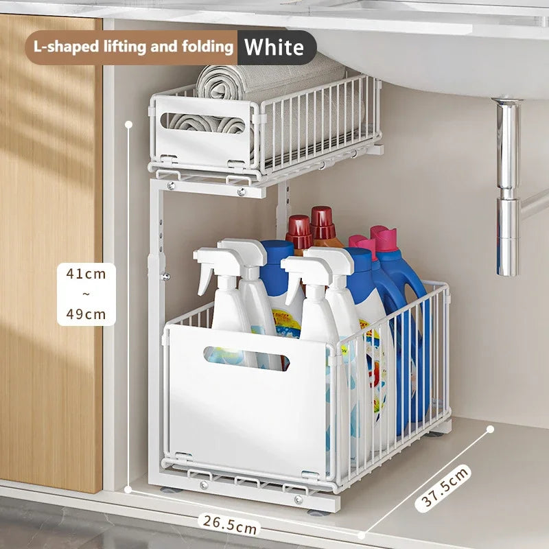 2 Tier Pull Out Cabinet Organiser Adjustable Under Sink Storage Rack Slide Out Drawer Kitchen Spice Jar Storage Shelf