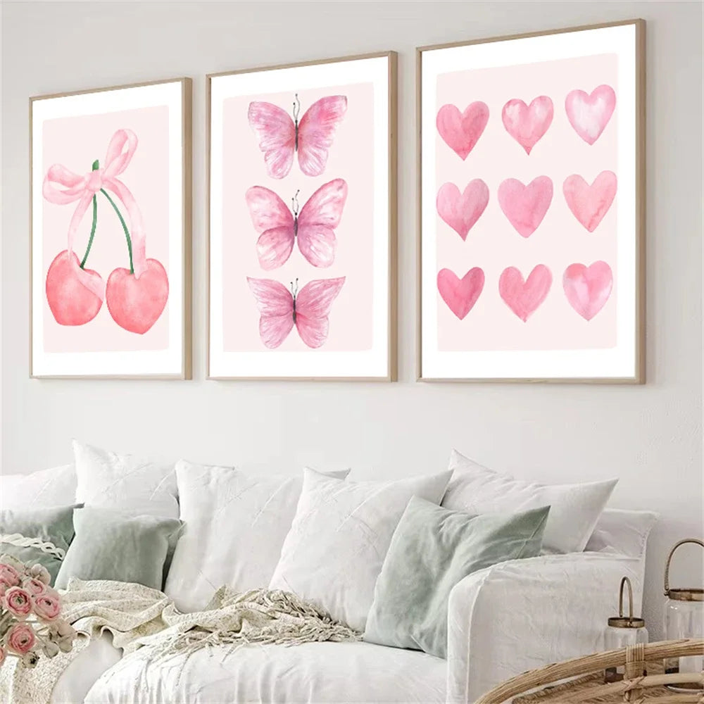 Trendy Pink Bows Preppy College Watercolor Bows Coquette Girly Poster Print Wall Art Pictures Canvas Painting Room Home Decor