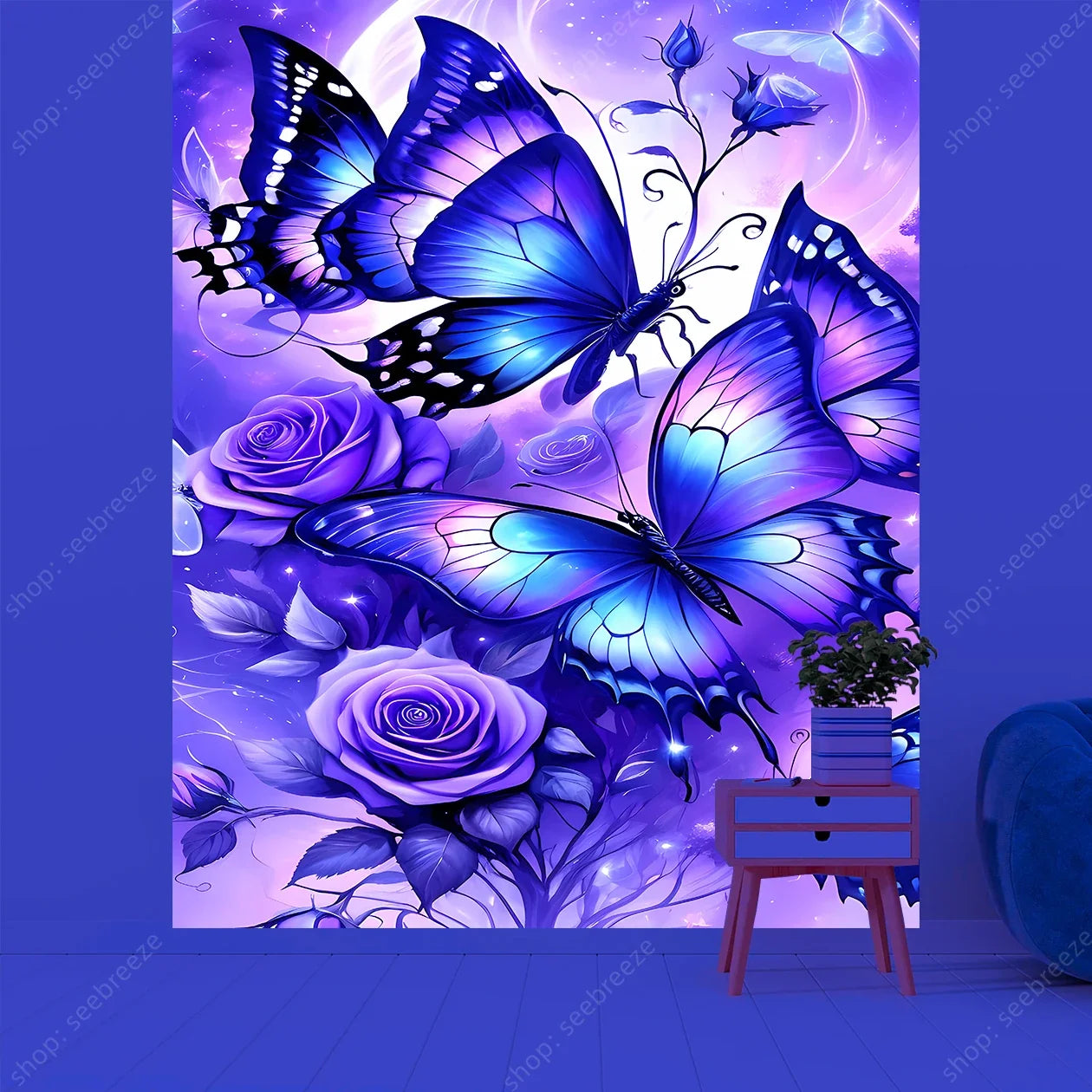 Butterfly Flower UV Reactive Tapestry Wall Hanging Hippie Boho Room Decor