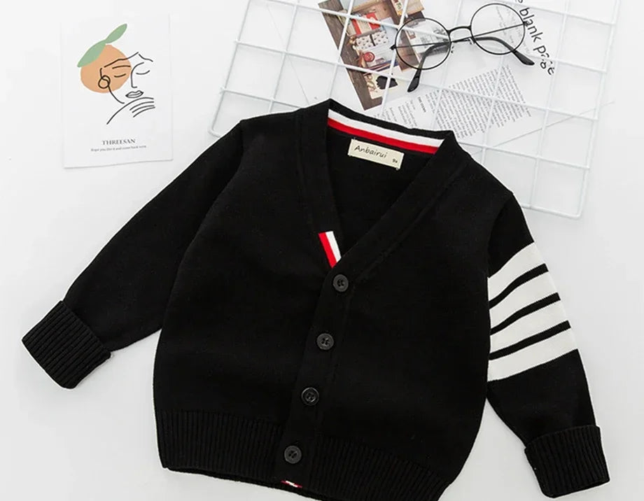 Kids Striped Knit Cardigan – Soft Cotton V-Neck Sweater for Boys & Girls, Warm Autumn Winter Knitwear