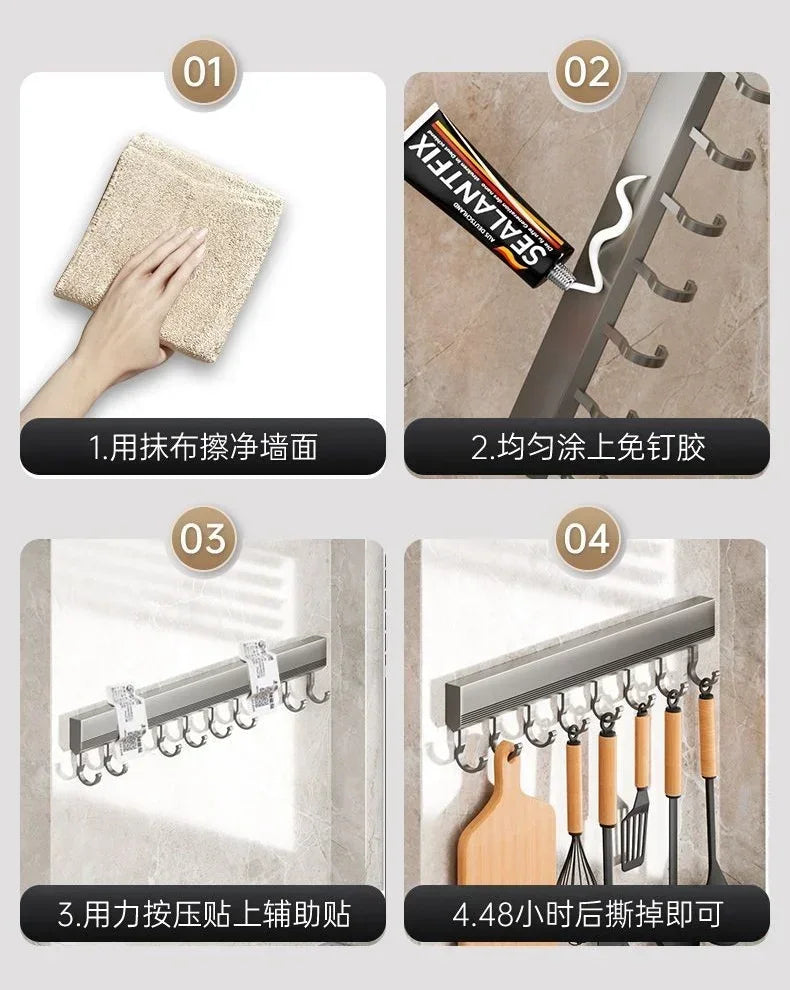 Drill-free Wall Hooks Row Holder Kitchen Utensils Rack Bathroom Robe Towel Coat Hangers Home Storage Wall Mounted Hanging Tool
