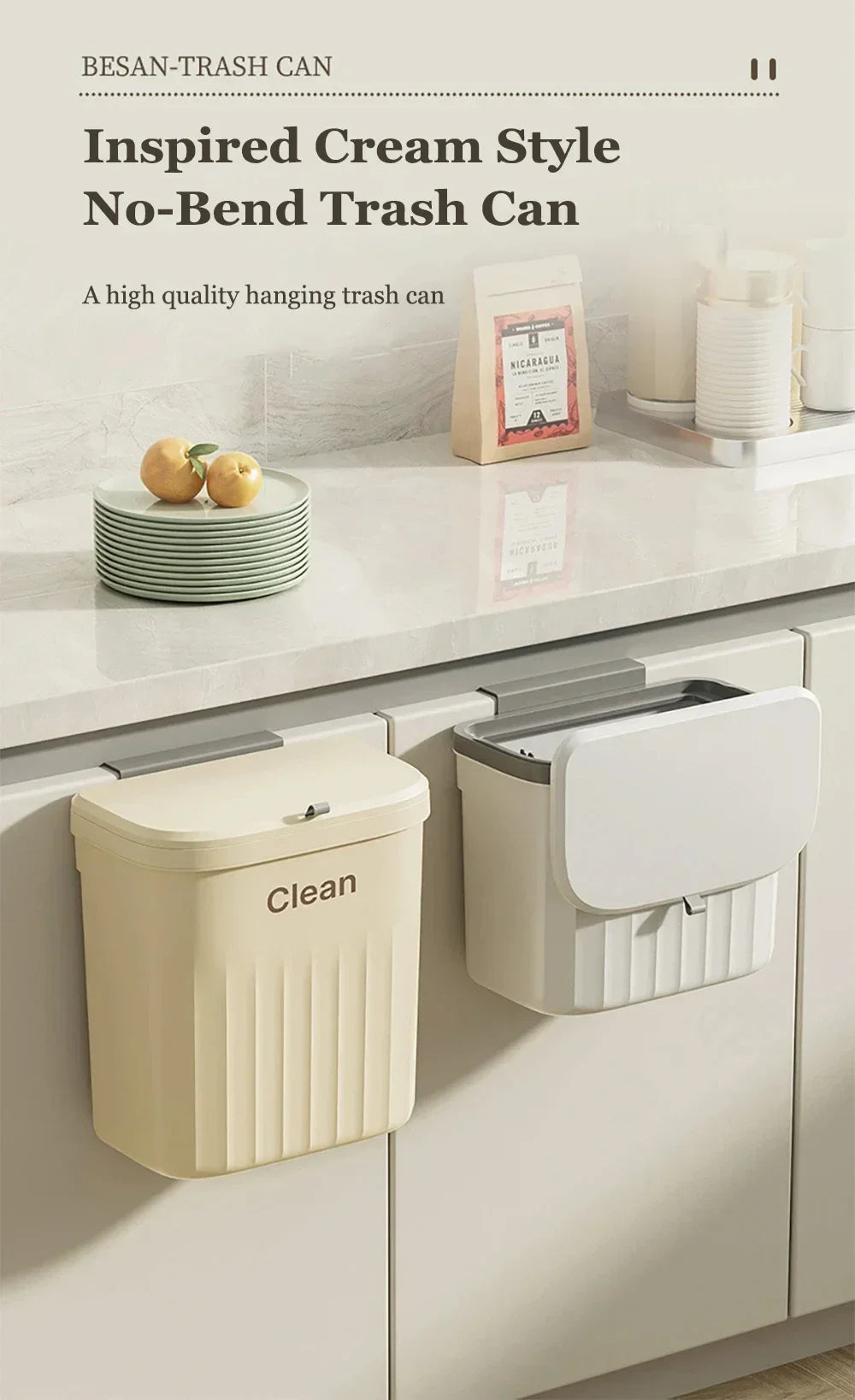 12L Kitchen Trash Can Wall Mounted Hanging Trash Bin with Lid Garbage Can for Cabinet Under Sink Waste Garbage Compost Bin Trash