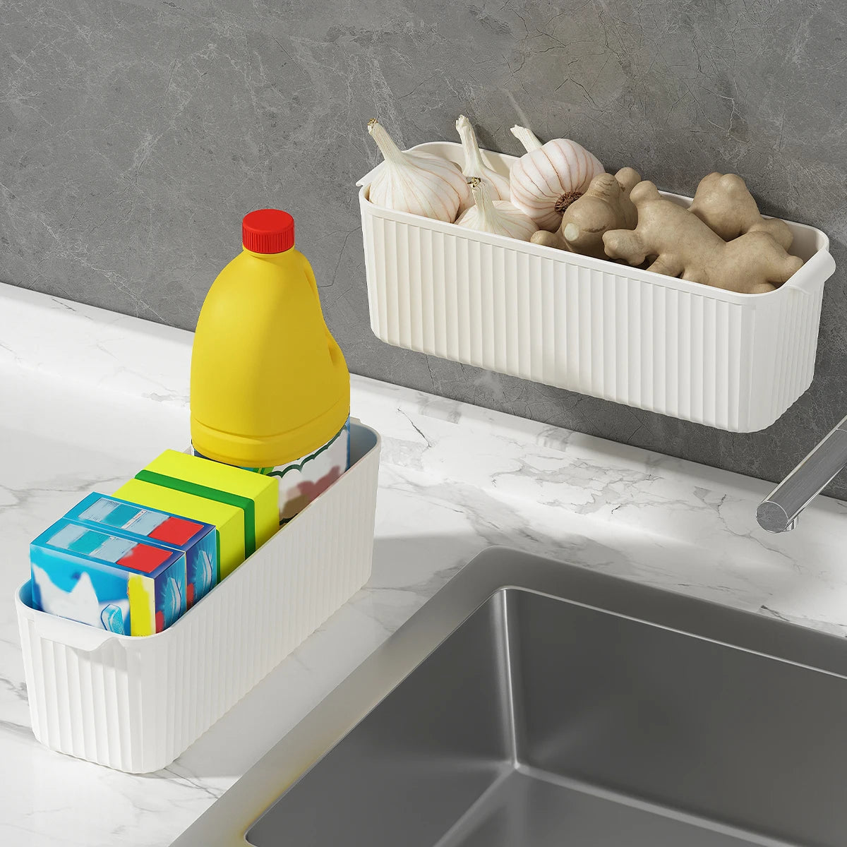 WORTHBUY Wall Mounted Punch Free Self Adhesive Storage Rack Holder Cabinet Door Plastic Organiser Shelf Kitchen Accessories