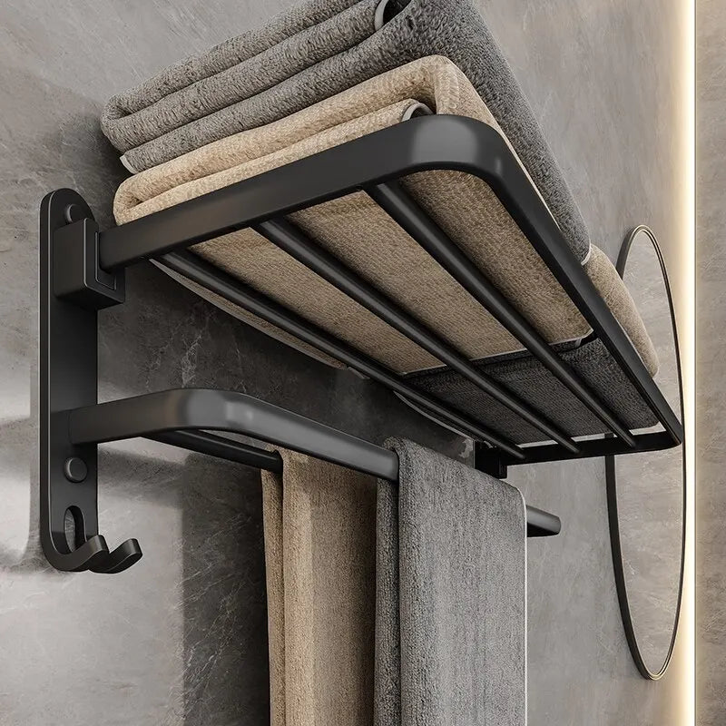 Matte Black 50CM Folding Holder With Hook Towel Holder Wall Mount Aluminum Towel Rack
