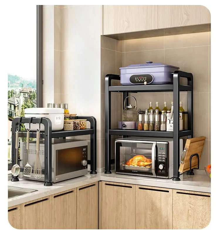 Kitchen Microwave Oven Rack Double Layer Expandable Multi Functional Home Appliance Storage Shelf Carbon Steel No Installatio...