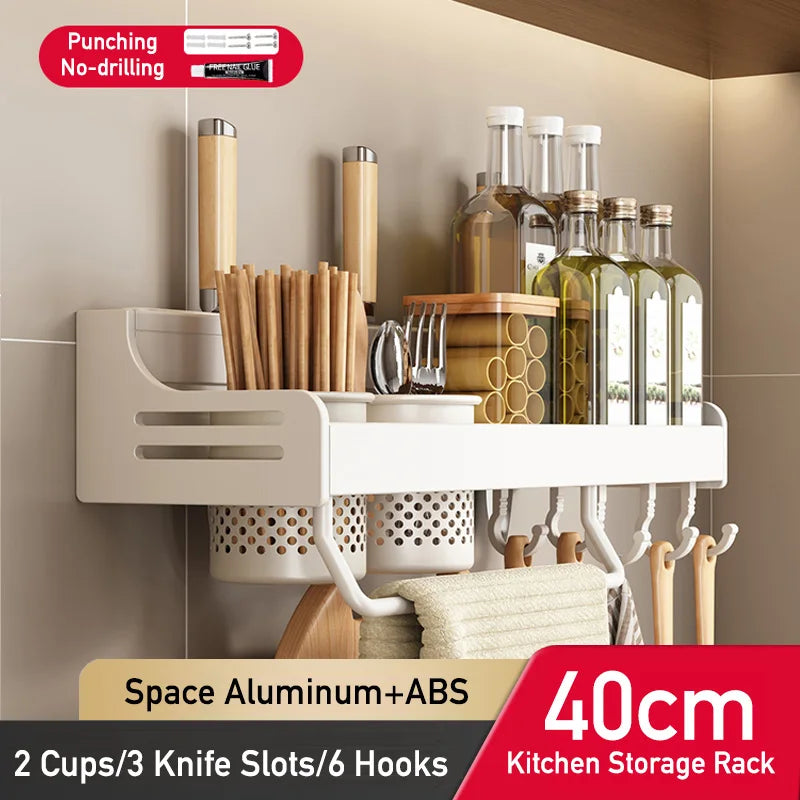 No Drill Kitchen Storage Rack Aluminum Wall Mount Spice Seasoning Spoon Knife Stand Holder Rag Dishcloth Rack Organizer Shelf