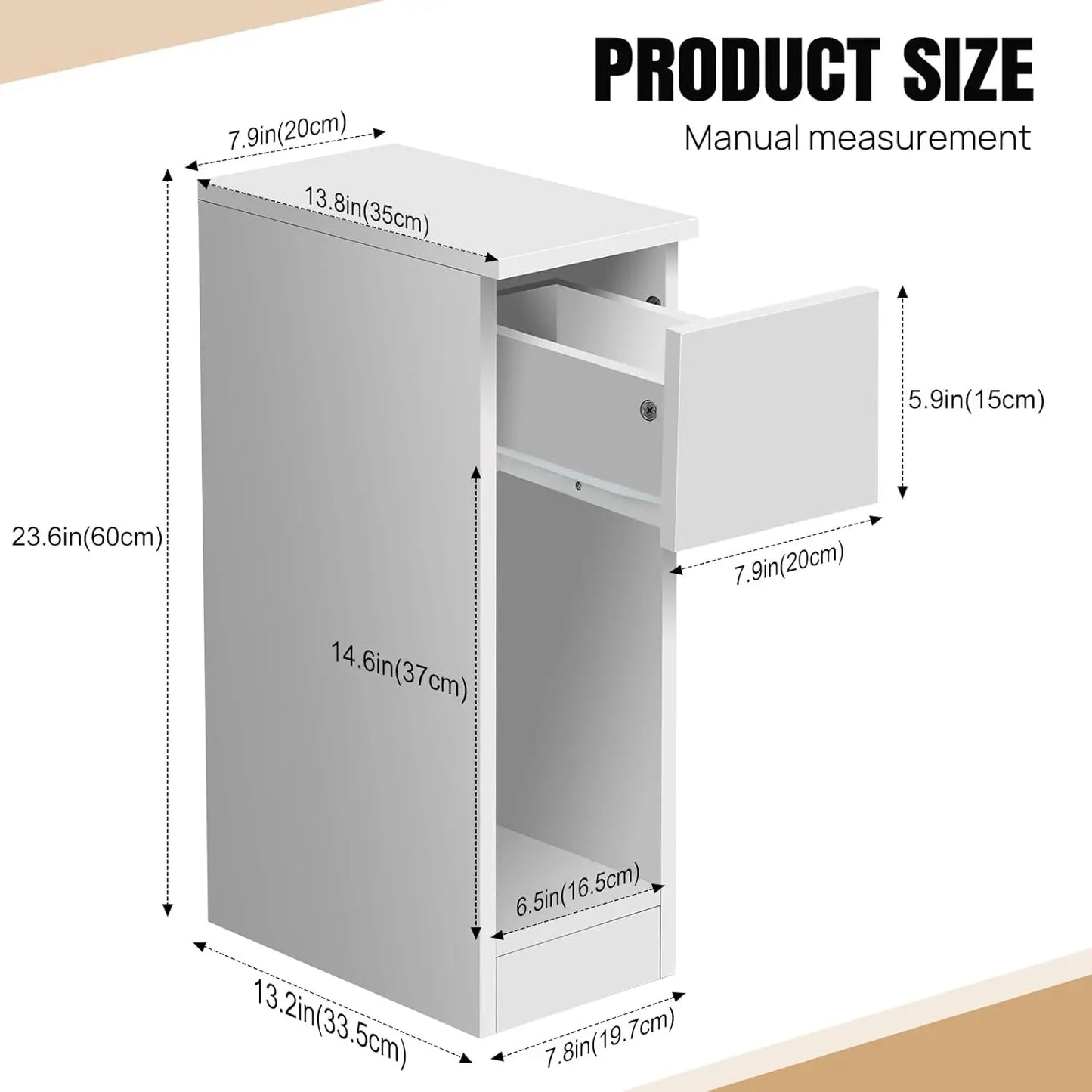 EFAN Narrow Side Table Slim End Table with Open Shelf & Drawer, Sofa Bedside Thin Table for Small Spaces Nightstand, 34x20x60cm