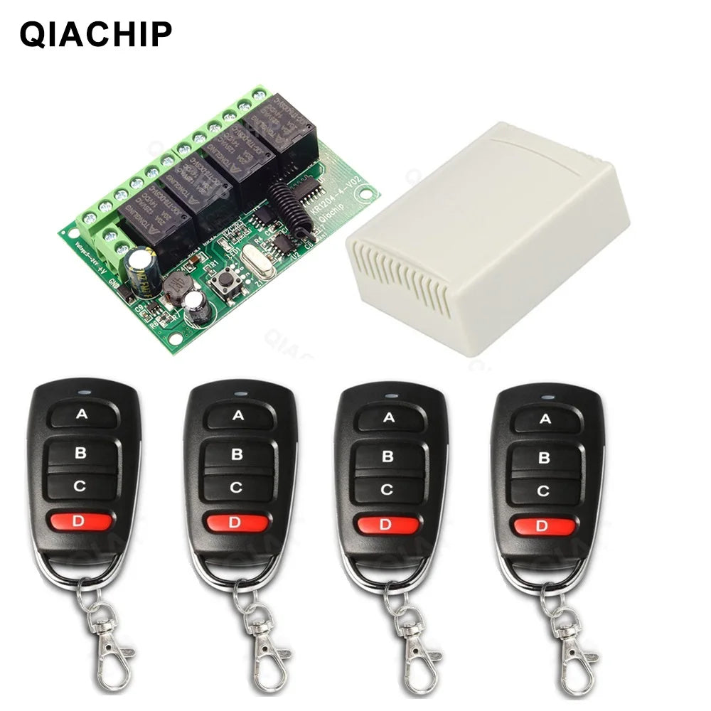QIACHIP 4CH 433.92MHz Relay Module – DC 5V/12V/24V/48V 10A Wireless Remote Control Switch for EV1527, DC Motor DIY