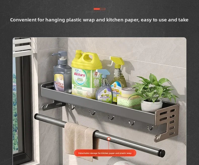 No Drill Kitchen Wall Mounted Spice Rack Space Saving Multifunctional Organiser with Hooks & Paper Towel Holder