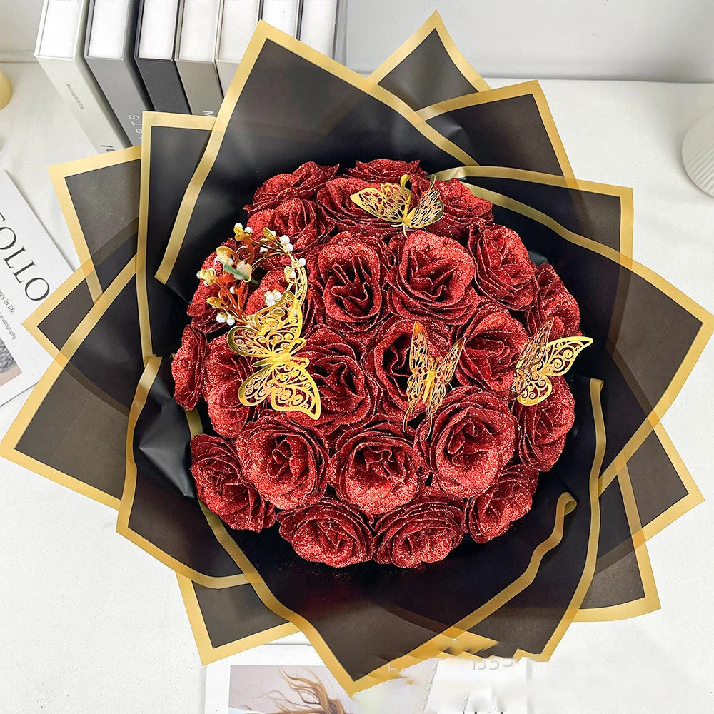 12/24pcs Red Glitter Roses Bouquet DIY Gift Set Everlasting Shiny Artificial Rose for Valentines Anniversary Engagement Wedding