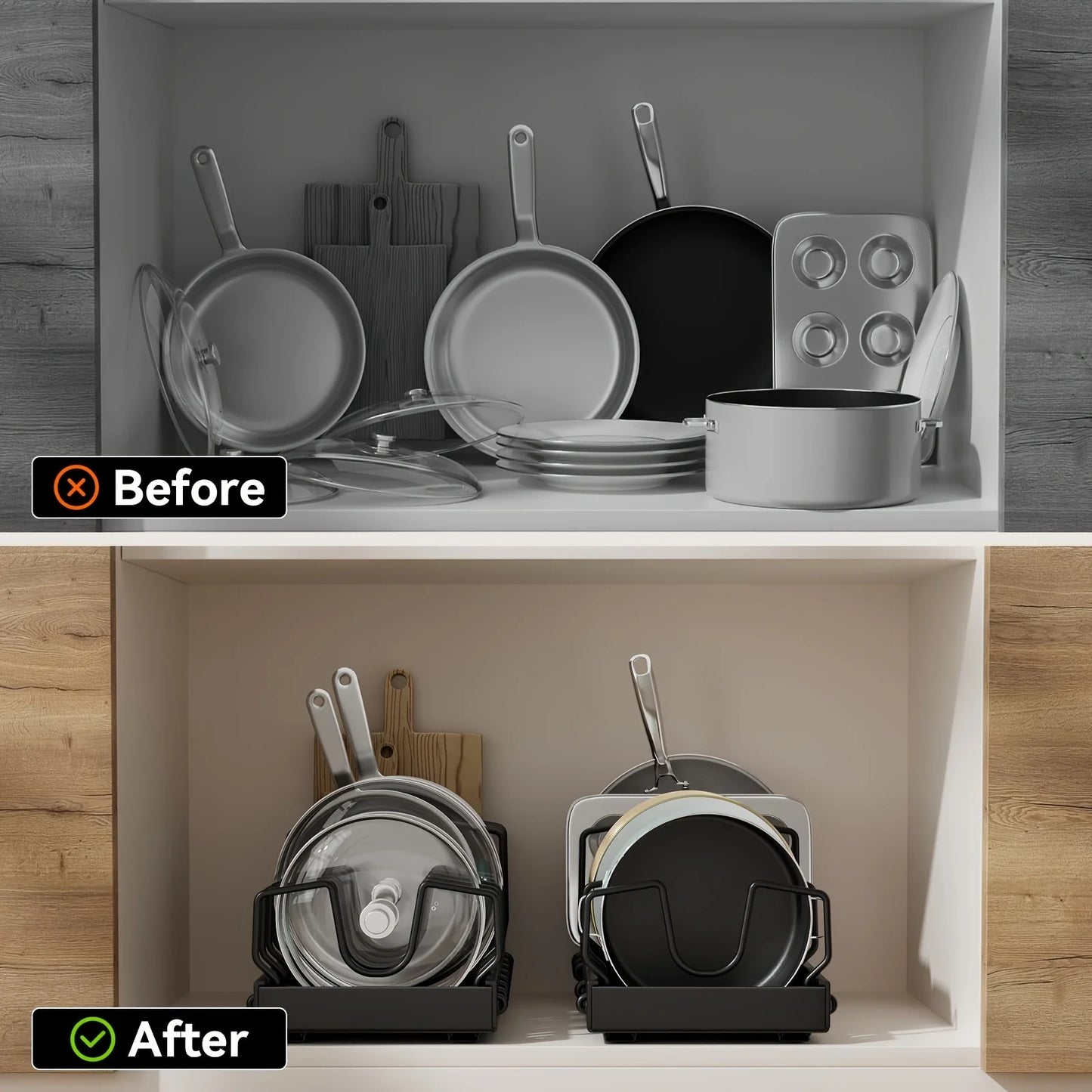 Cookware and Frying Pan Storage Rack with Pull-Out Lid Storage Box, Suitable for Placement under the Cabinet, Featuring a Pot Lid Rack with 8 Adjustable Dividers