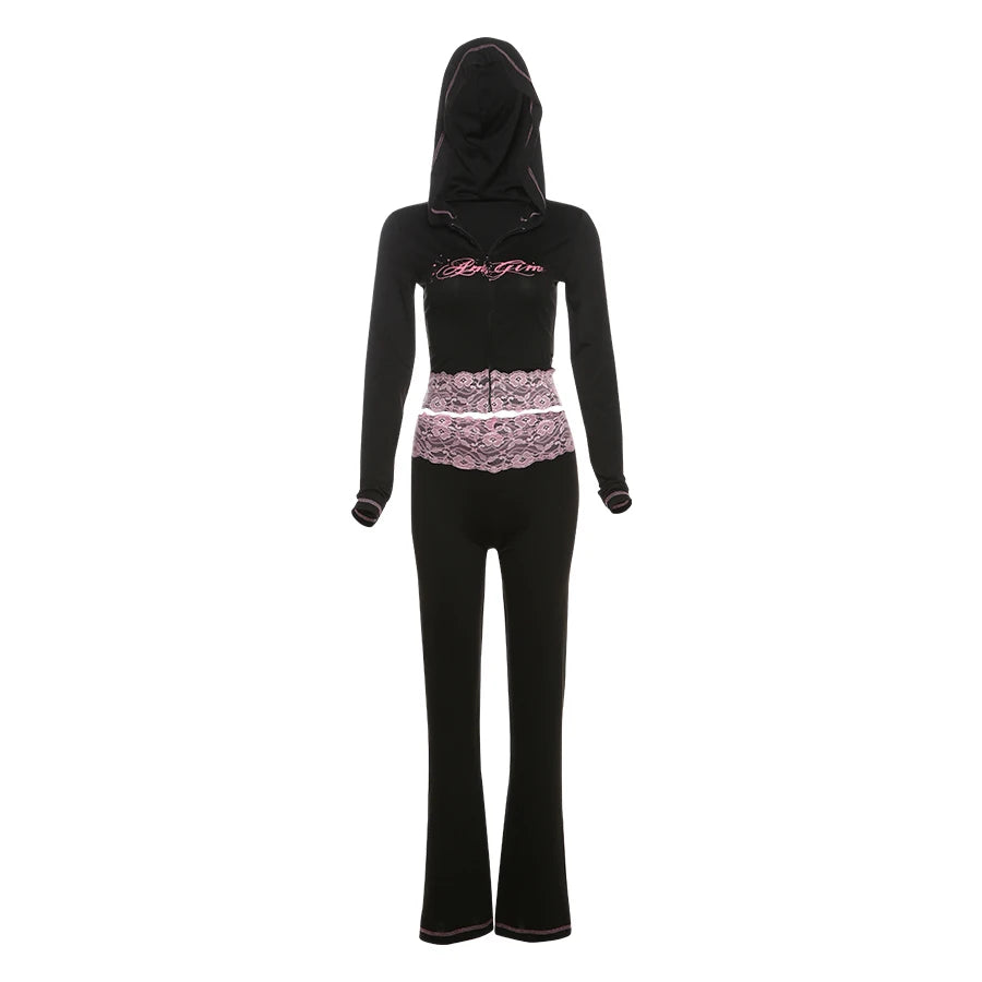 Nibber Lace Patchwork Woman 2 Piece Set Hooded Zip Crop Jacket+Patchwork Flare Pants Matching Streetwear Casual Matching Outfits