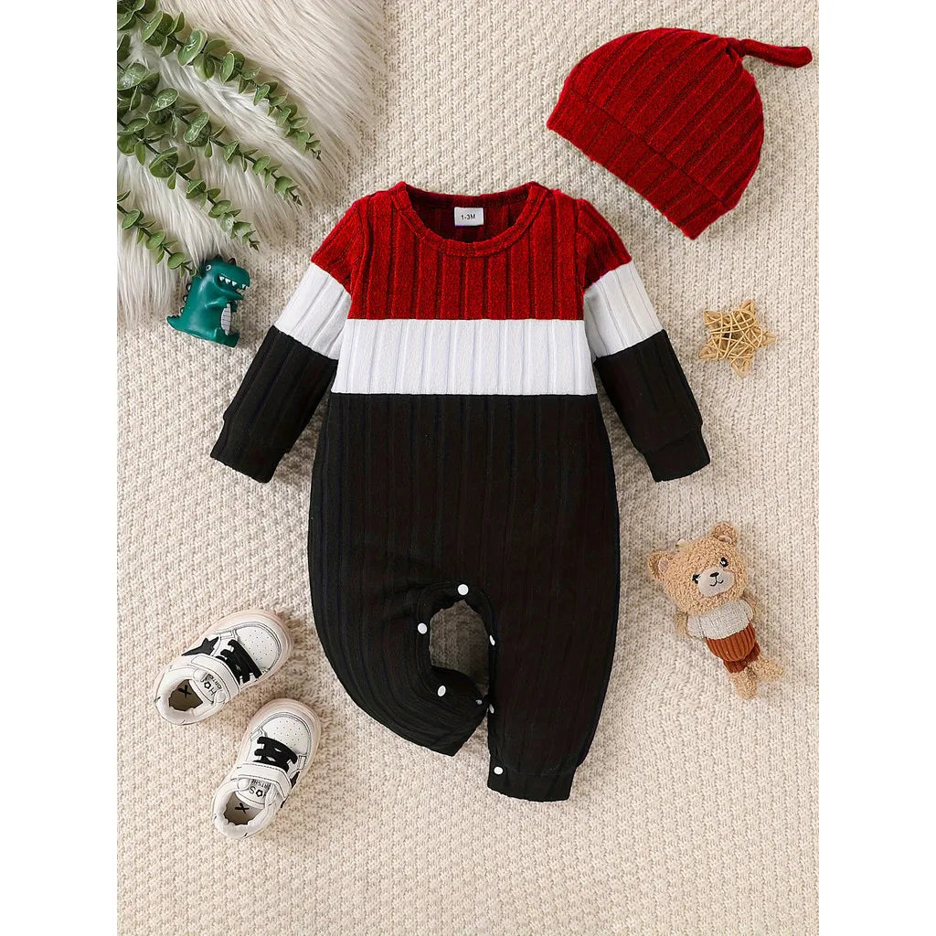 3 Colours Autumn Bodysuits Newborn Baby Boy Long Sleeve Colour Block Romper+Hat Simple Onesie Jumpsuit for Toddlers 1-18 Months