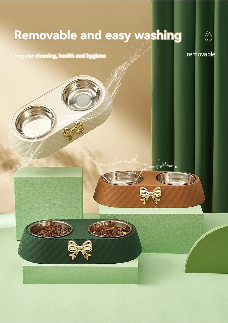 Double Pet Bowl for Cats & Dogs – Bow-Tie Design, Stainless Steel Food & Water Feeder with PP Base
