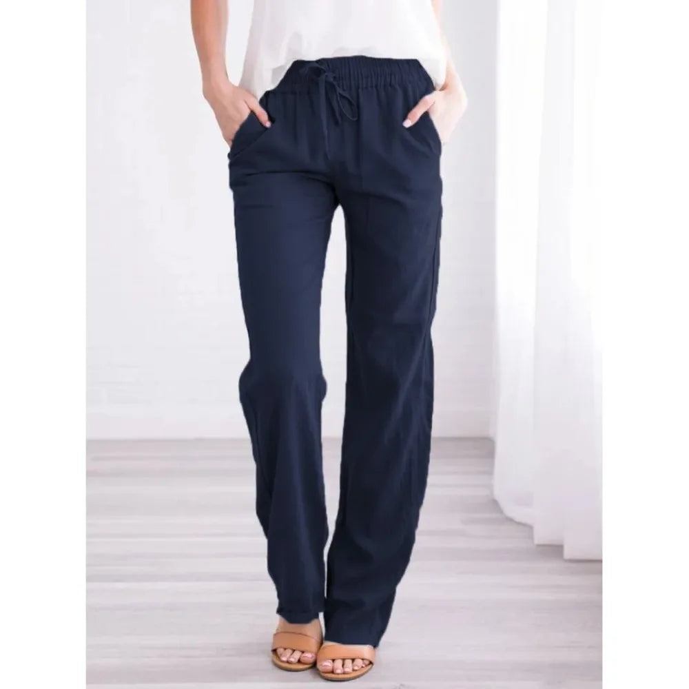 Women Cotton Linen Pants Summer and Autumn Solid High Waist Wide-Leg Trousers Female Loose Hemp Casual Breathable Sports Pants
