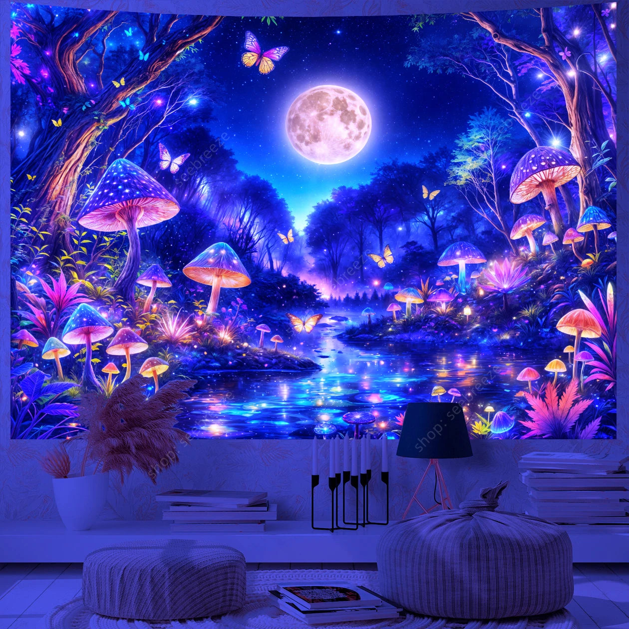 Butterfly Flower UV Reactive Tapestry Wall Hanging Hippie Boho Room Decor