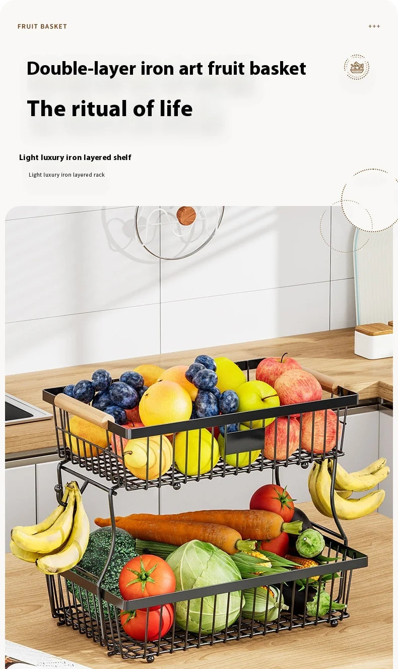 33*29cm deteachable fruit vegetable kitchen storage organisation racks holders double-layer trays wood hand SS home display