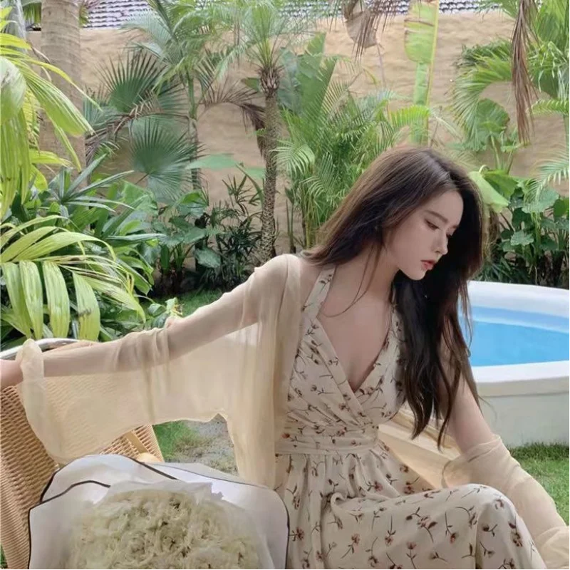 Summer New Gentle Wind Fragmented Flower V-Neck Sling Dress Set Waist Wrap Neck Hanging Long Dress Thin Sun Protection Cardigan