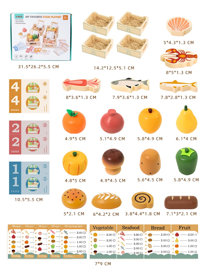 Wooden Pretend Play Kitchen Toys Cutting Food Accessories Set Fruit Vegetable Bakery Meat fish Early Educational Cognition Toys