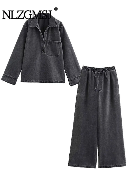 2024 Autumn Jeans Sets Women Turn-down Collar Casual Top Fashion High Waist Streetwear Female Denim Pant Two Piece Set