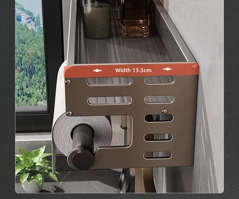 No Drill Kitchen Wall Mounted Spice Rack Space Saving Multifunctional Organiser with Hooks & Paper Towel Holder
