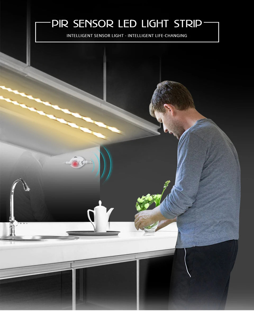 Motion Sensor Under Cabinet Lights Cupboard Kitchen Bed Emergency Night Light Flexible LED Strip DC 12V US EU Power Adapter