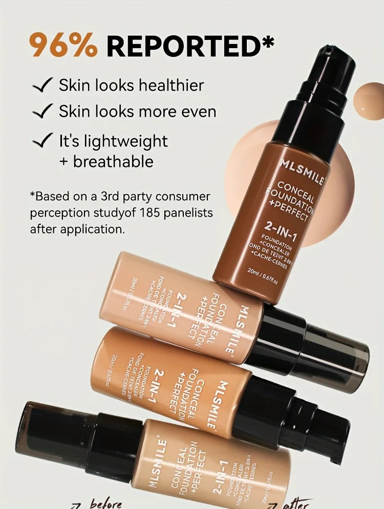 2-In-1 Oil Control Liquid Foundation & Concealer Full Coverage Long Lasting Waterproof Hydrating Brightening Base Makeup