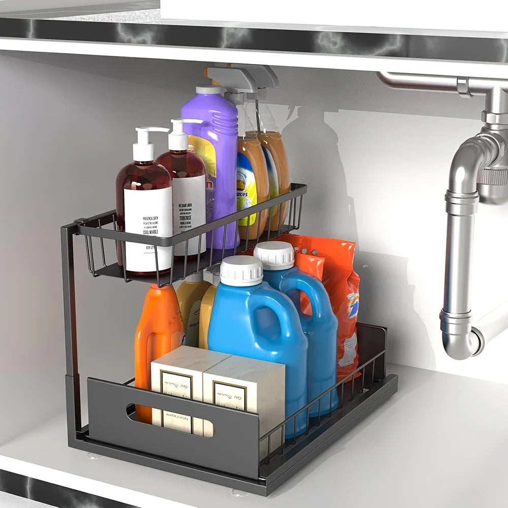 Best 2 Tier Under Sink Organiser Pull-out Sliding Cabinet Storage Basket Kitchen Bathroom Rack for Cleaning Supplies & Spices