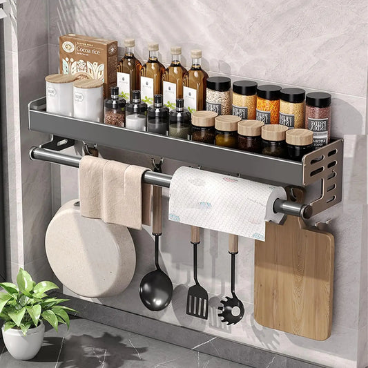 Wall Mount Utensil Holder Multifunctional Spice Organiser Shelf with Hooks Kitchen Hanging Storage Wall Shelf
