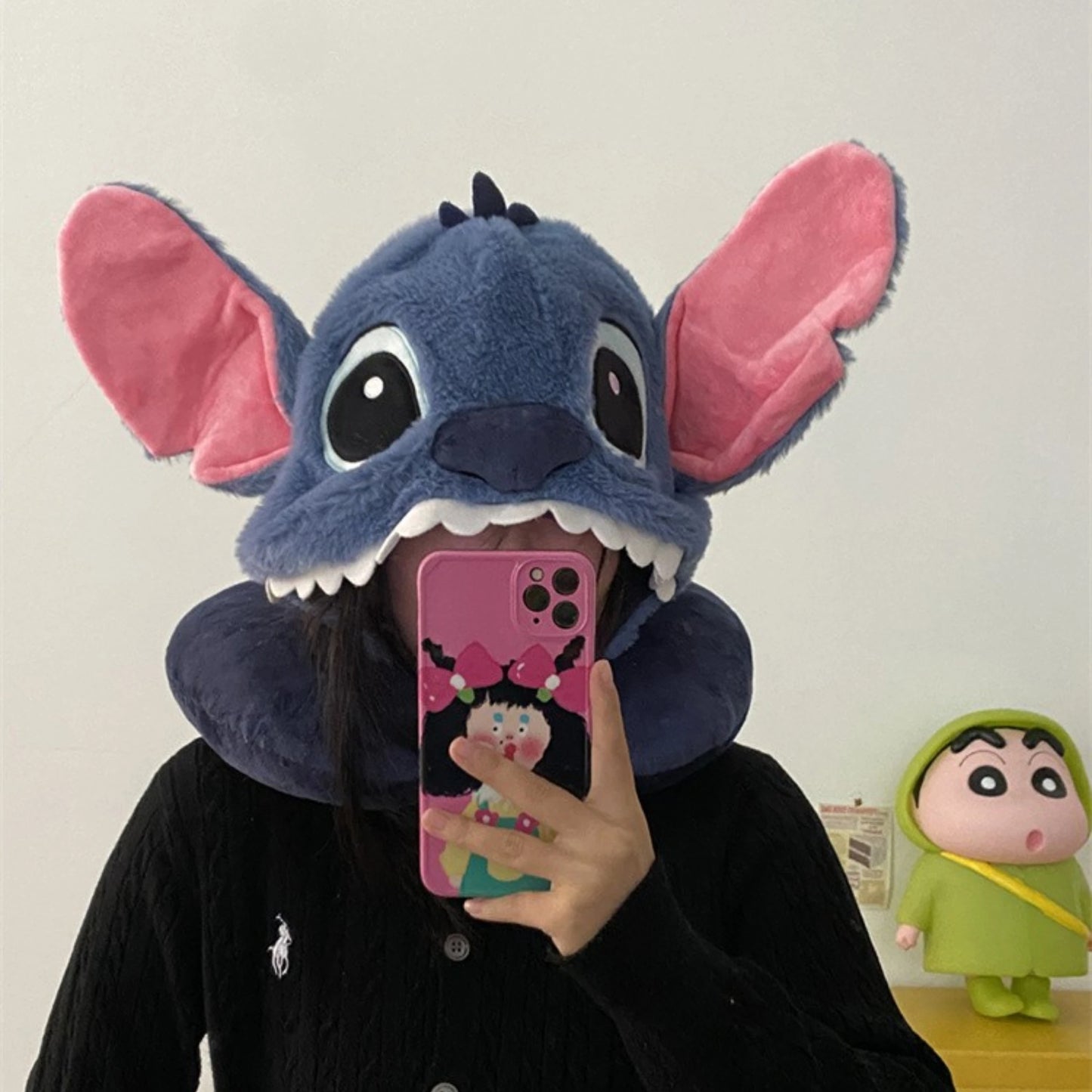 Comfortable Stitch Hooded U-shaped Pillow Cartoon Anime Travel Blackout Nap Neck Pillow With Hat Portable Eye Mask Sleeping