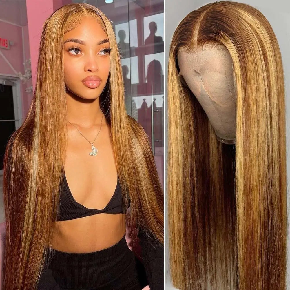 Highlight Ombre 13x6 Lace Front Wigs Human Hair Pre Plucked 200Density Straight HD Lace Frontal Wigs for Women 4/27 Honey Blonde