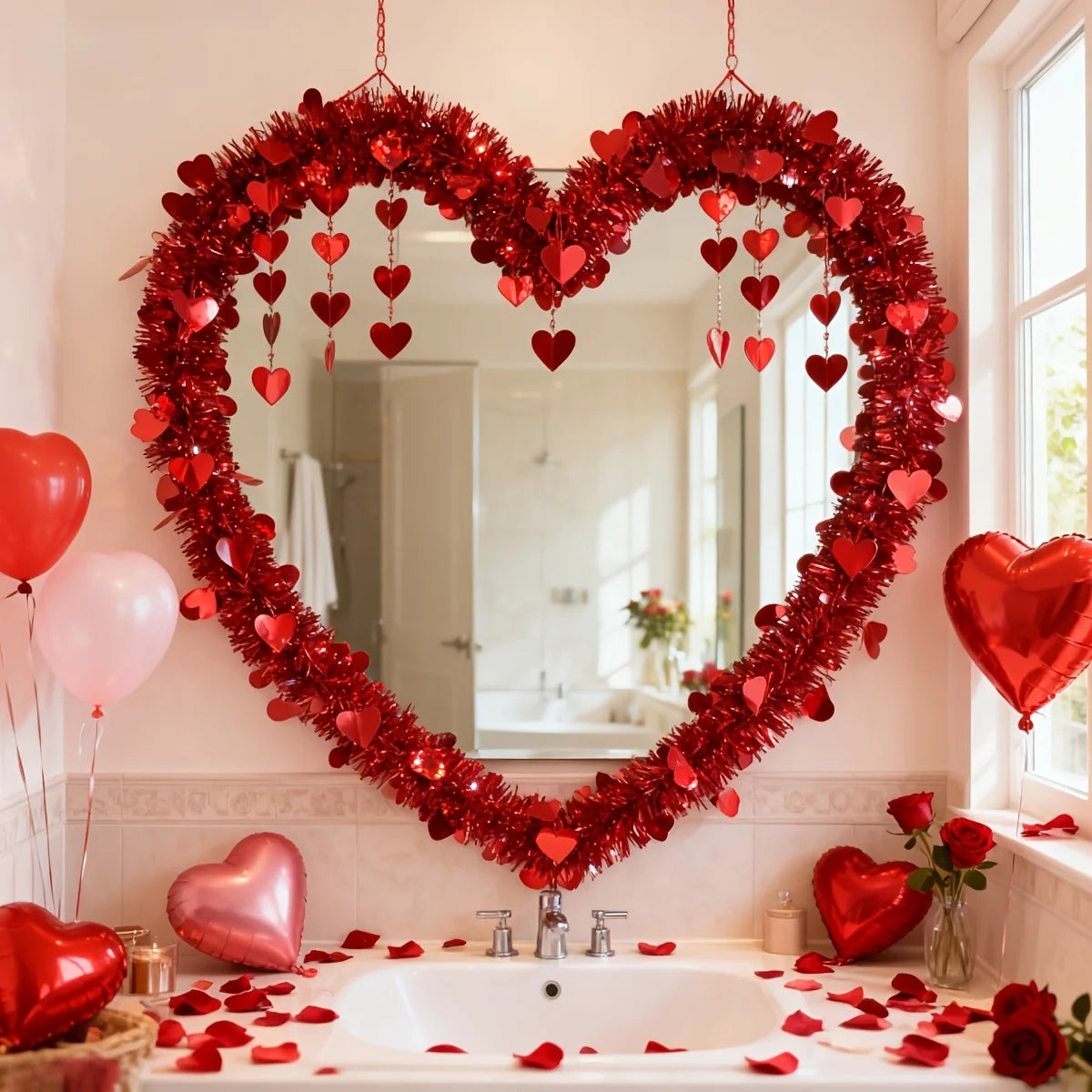 6-meter Artificial Valentine's Day Heart-shaped Vine - Festival Decoration Artificial Flower - Red Heart-shaped Hanging Ribbon