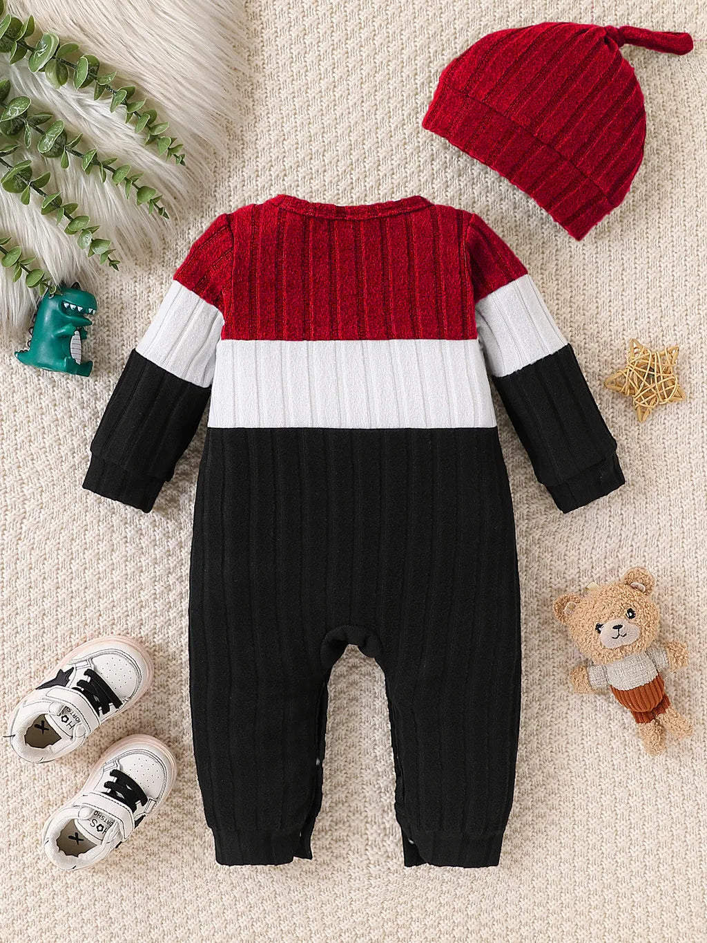 3 Colours Autumn Bodysuits Newborn Baby Boy Long Sleeve Colour Block Romper+Hat Simple Onesie Jumpsuit for Toddlers 1-18 Months