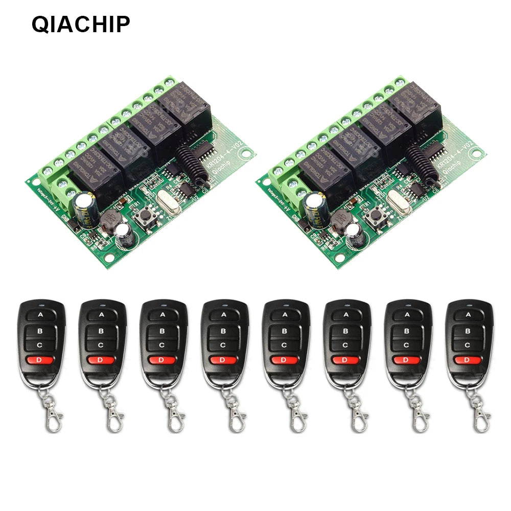 QIACHIP 4CH 433.92MHz Relay Module – DC 5V/12V/24V/48V 10A Wireless Remote Control Switch for EV1527, DC Motor DIY