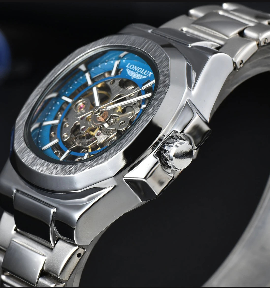 LONGLUX Men automatic mechanical watch luxury watches waterproof skeleton business cheap wholesale stainless steel gift watch