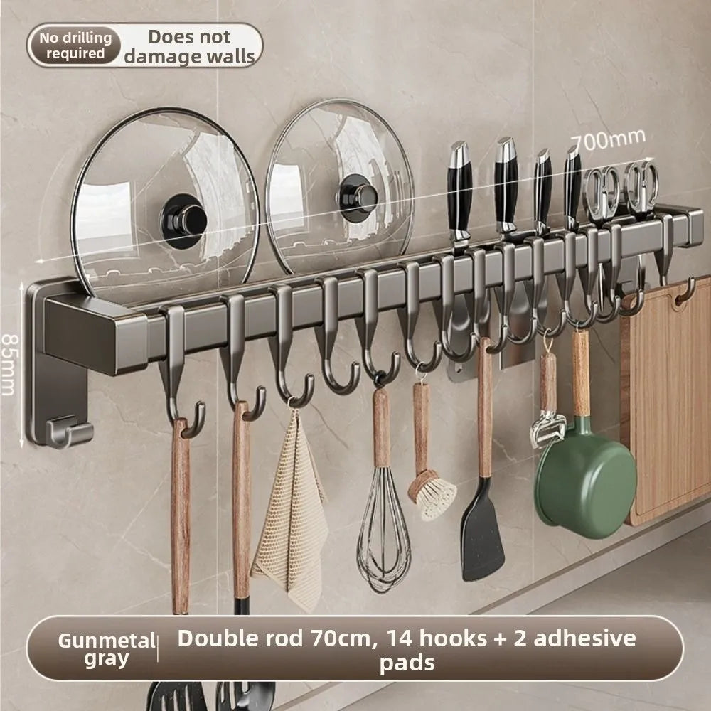Aluminum Kitchen Organiser Hook Double Pole Wall Mounted Pot Lid Rack Non Punching Movable Hook Spatula Storage Rack Home